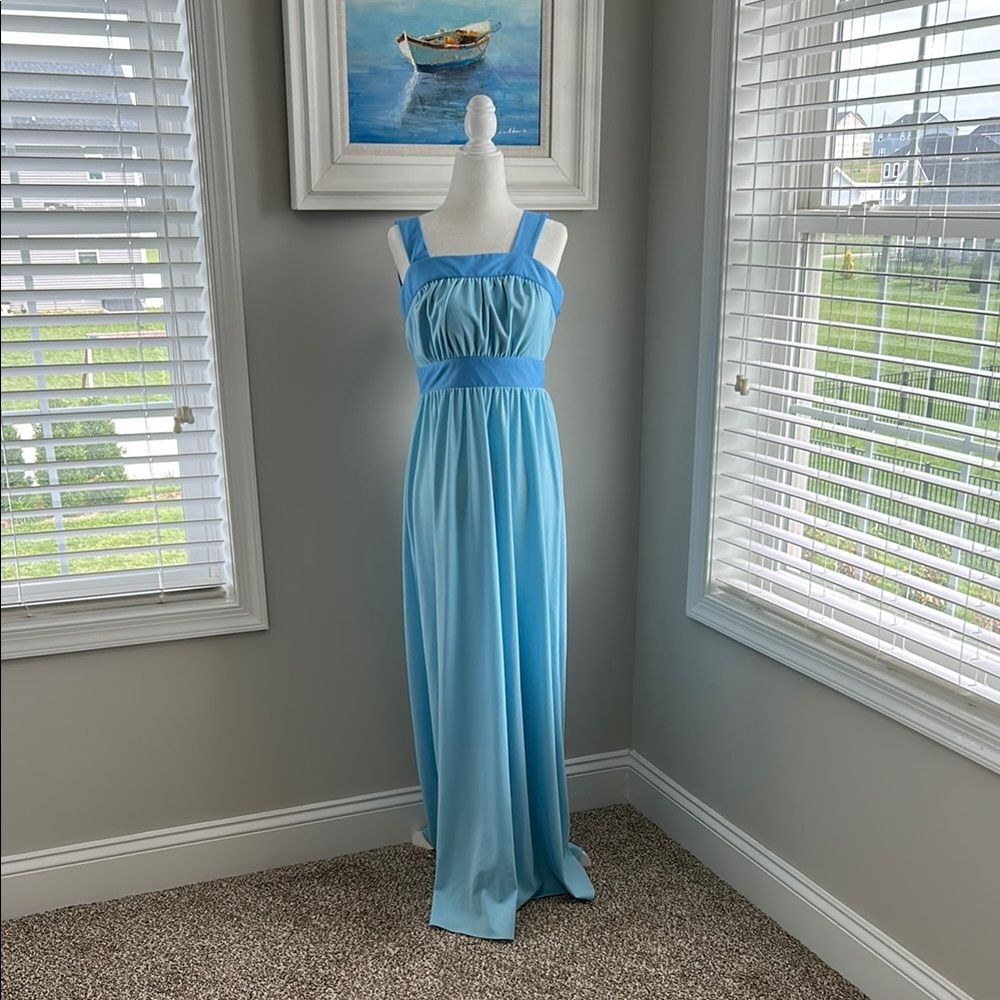 Vintage Union Label 70s Sleeveless Elegant Light Blue Maxi Dress